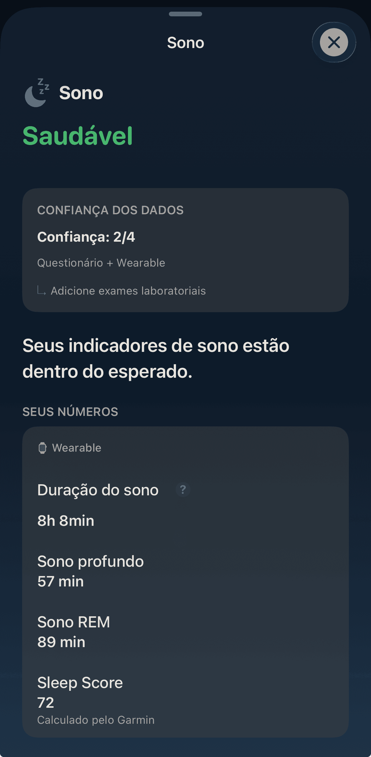 Detalhe do domínio Sono no app