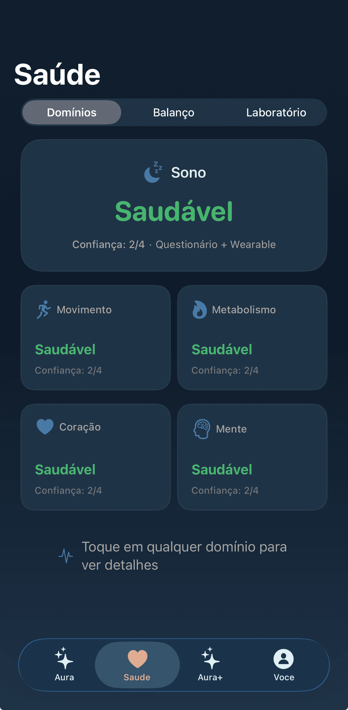 Tela de domínios do app Aura Med