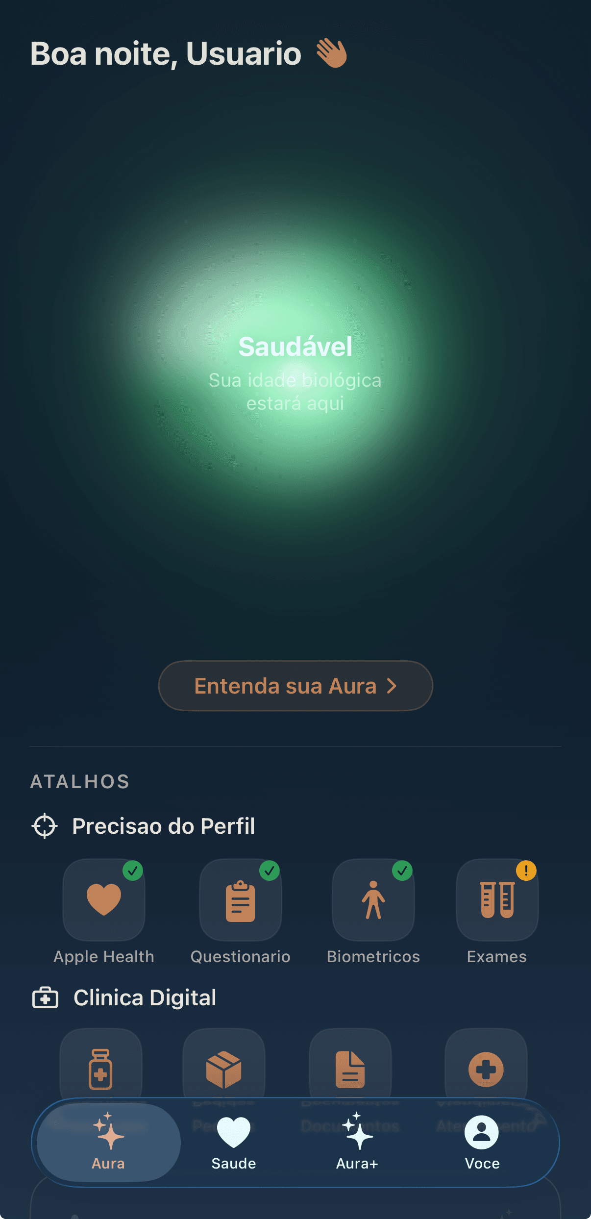 Tela inicial do app Aura Med