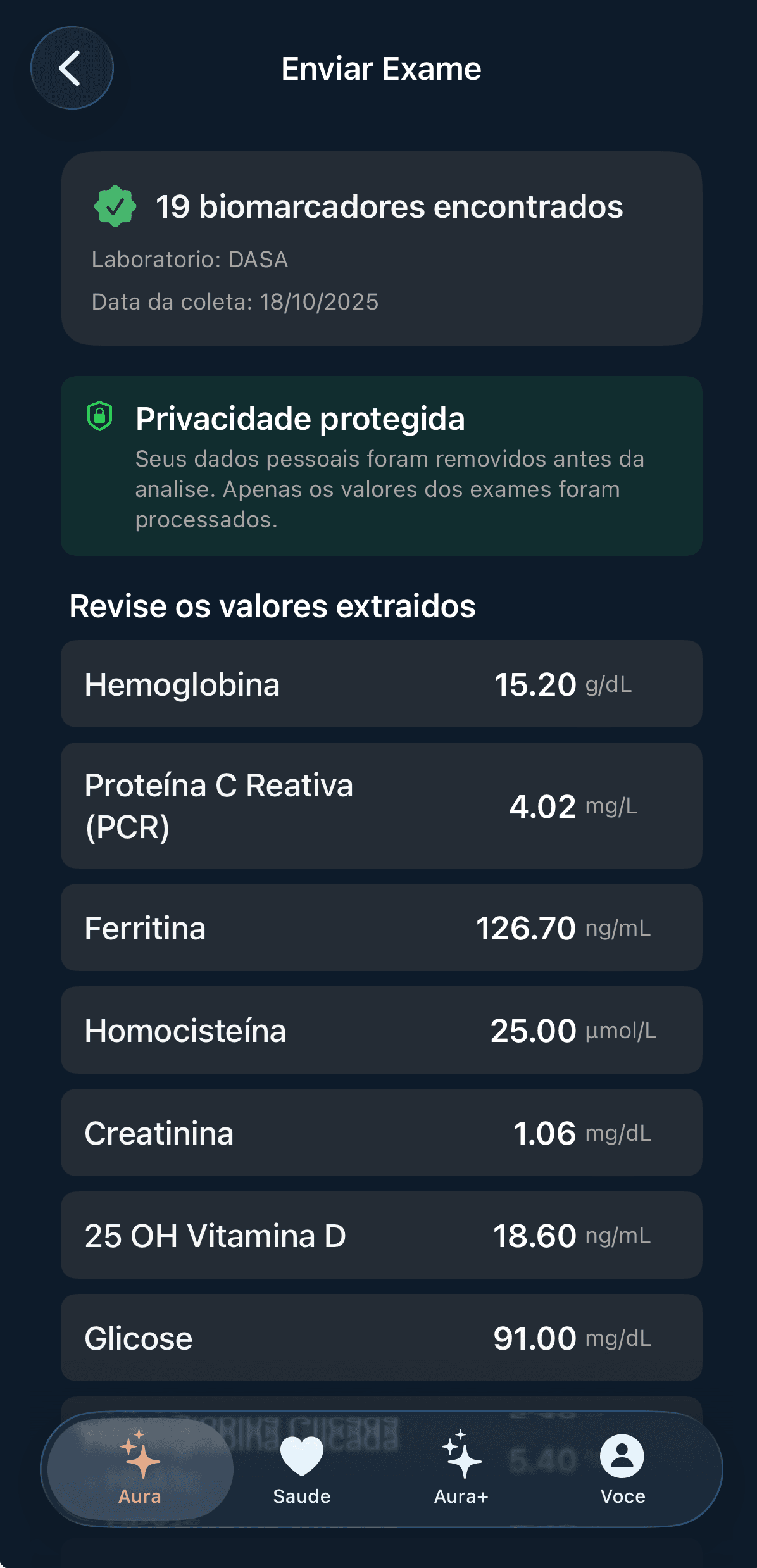Tela de leitura de exame com IA